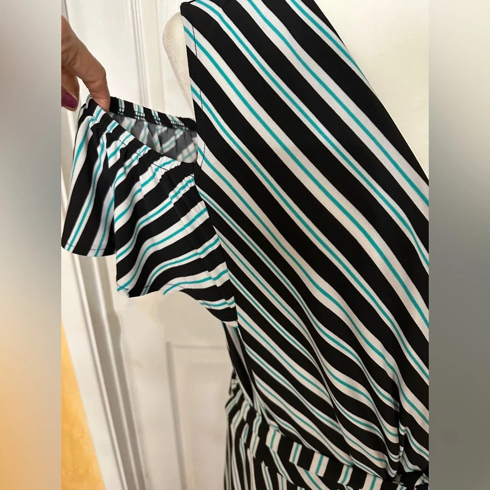 Lane Bryant dress green white black cold shoulder sleeve maxi v-neck Size 18 20 - Picture 7 of 11